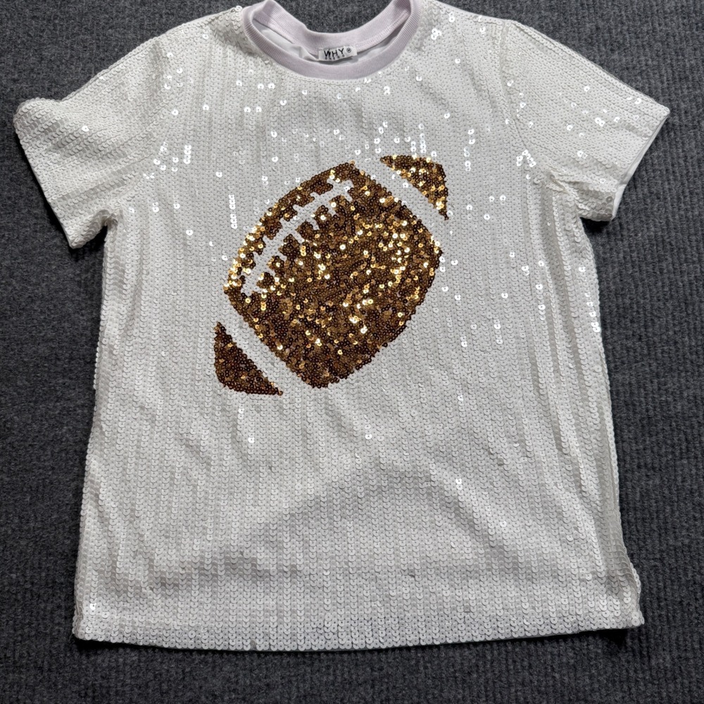 MYLÉ White Sequin Short Sleeve Tee with Gold Football Graphic